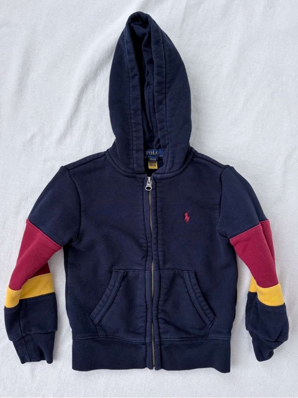 Ralph Lauren Navy Zip Hoodie with Red & Yellow Sleeve Blocks - Kids